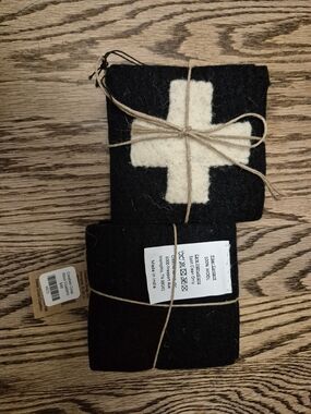 Creative Co-Op Black 100% Wool Accent Coasters with White Cross